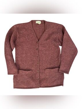 L.L. Bean Women's Heathered Burgundy Button-Front Cardigan 100% wool